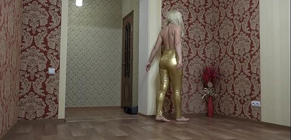 Anal masturbation and foot fetish. A blonde with long legs in shiny leggings seduces and then fucks her juicy PAWG with a dildo.